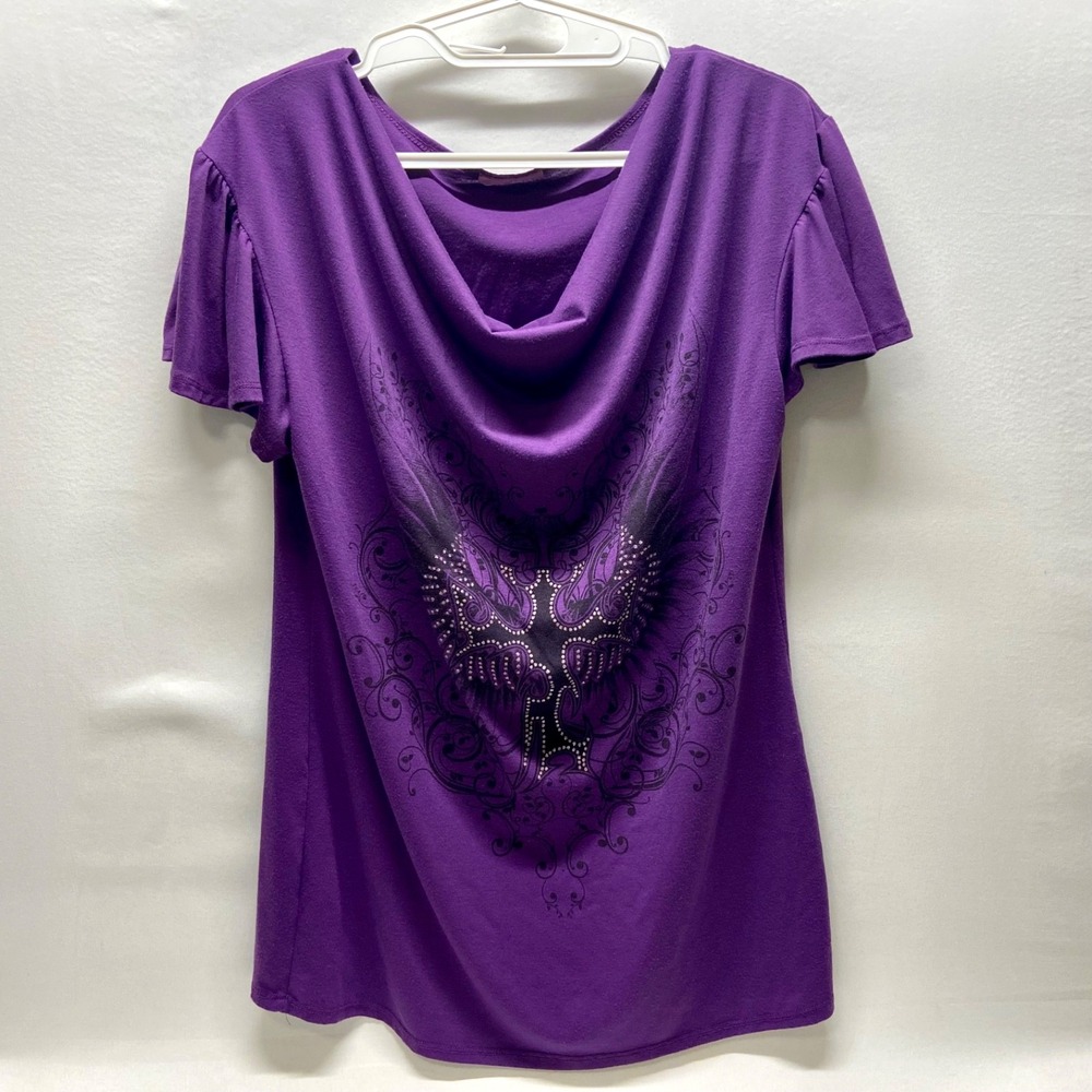 Dreamgirl Cowl Neck T-Shirt Women's XL Purple Rhinestone Embellish Short Sleeve